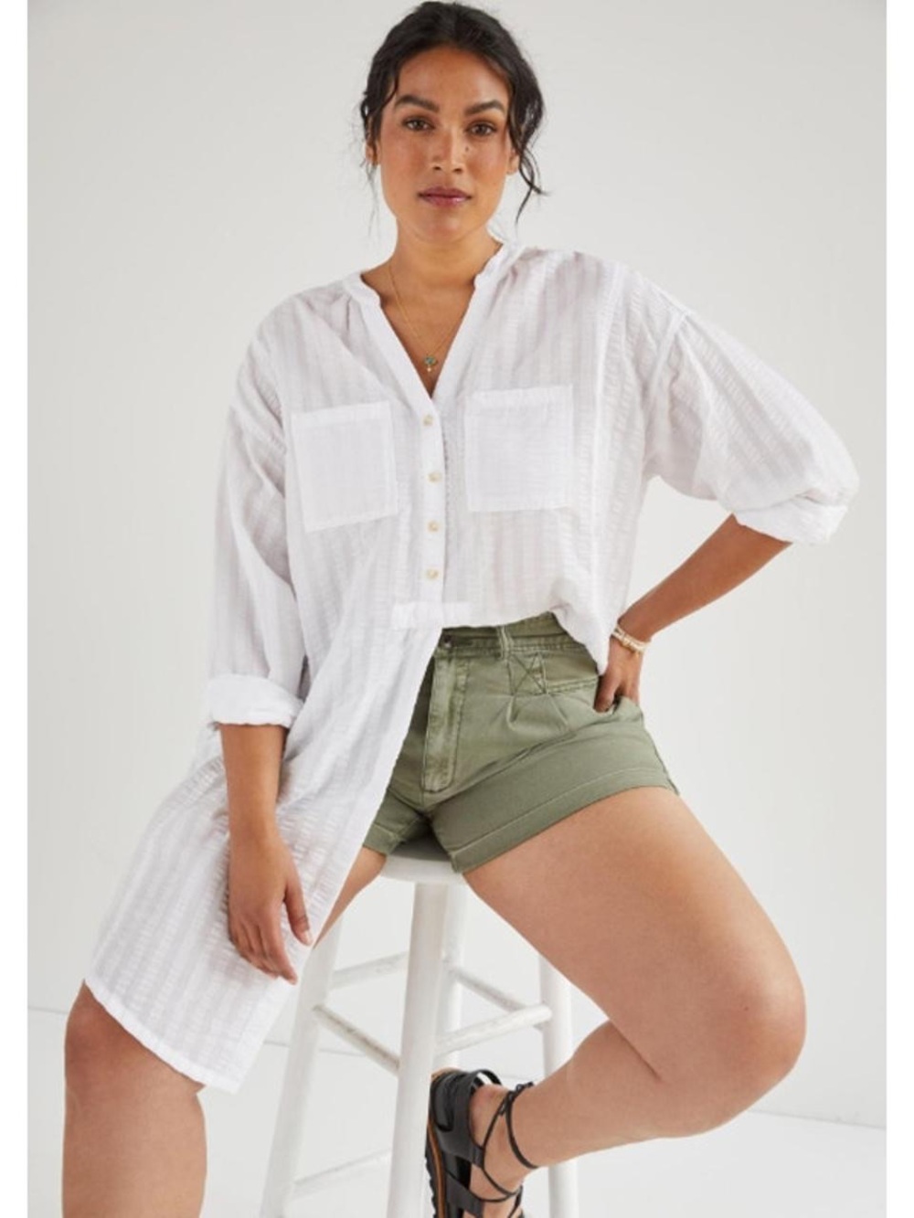 Anthropologie Pilcro Seersucker Tunic Button Down V-Neck Long Sleeve Top Size LP